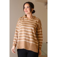 Nazen Giyim GÖMLEK YAKA ÇİZGİLİ CAMEL EKRU KADIN TRİKO KAZAK 5165-2K5