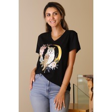 Nazen Giyim V Yaka Baykuş Baskılı Siyah Kadın T-Shirt 40-2y5