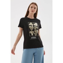 Nazen Giyim Kalp Baskılı Kısa Kollu Siyah Kadın T-Shirt  0093-2Y5