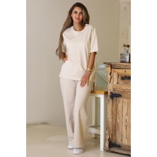 Nazen Giyim Taşlı Kısa Kollu Bej Kadın  Takım  7113-2Y5