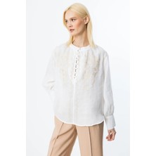 Nazen Giyim Önü Düğmeli Işlemeli Keten Ekru  Kadın Bluz  3926-2Y5