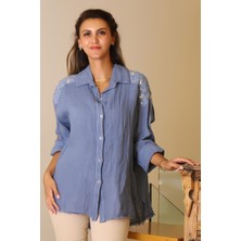 Nazen Giyim Omuzları Işlemeli Indigo Kadın Bluz  81921-2Y5