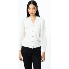 Nazen Giyim Düğmeli Kolları Tül Ekru Kadın Bluz  51446-2Y5