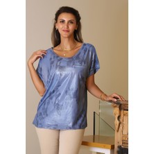 Nazen Giyim Kamuflaj Desenli Kısa Kollu Mavi Kadın T-Shirt  9582-2Y5