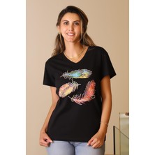 Nazen Giyim Pul Işlemeli V Yaka Siyah  Kadın T-Shirt 126-2Y5