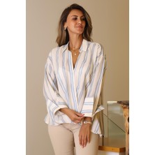 Nazen Giyim Kruvaze Yaka Çizgili Ekru Kadın Bluz  7210-2Y5