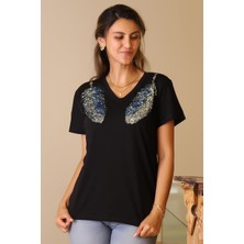 Nazen Giyim Omuzları Pul Işlemeli Siyah Kadın T-Shirt 66-2y5