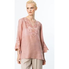 Nazen Giyim Nakış Detaylı Keten Pembe Kadın Bluz 3936-2Y5