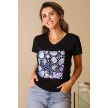 Nazen Giyim Taşlı V Yaka Siyah  Kadın T-Shirt 20-2y5