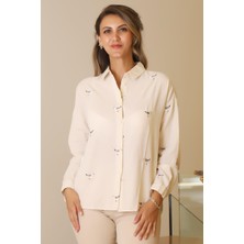 Nazen Giyim Kuş Desenli Natural Kadın Gömlek  4079-2Y5
