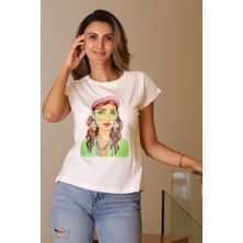 Nazen Giyim Kız Baskılı Ekru Kısa Kollu Kadın T-Shirt  27419-2Y5