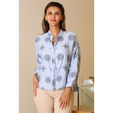 Nazen Giyim Dik Yaka Işlemeli Mavi  Kadın Bluz 51029-2Y5