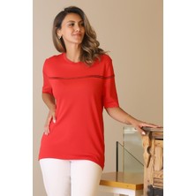 Nazen Giyim Kısa Kollu Sıfır Yaka Kırmızı  Kadın Triko Bluz 305-2Y5