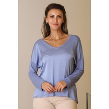 Nazen Giyim V Yaka Uzun Kollu Mavi  Kadın Bluz 797303-2Y5