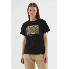 Nazen Giyim Sıfır Yaka Kısa Kollu Baskılı Siyah Kadın T-Shirt 0062-2Y5