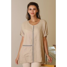 Nazen Giyim Sıfır Yaka Cepli Salaş Bej  Kadın Bluz 13746-2Y5