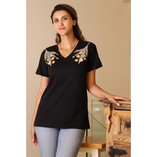 Nazen Giyim Pul Işlemeli Siyah Kadın T-Shirt  91-2y5