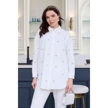 Nazen Giyim Uzun Kollu Taşlı Beyaz Kadın Gömlek  MA11.03-2Y5