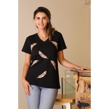 Nazen Giyim Leopar Yaprak Desenli Siyah Kadın T-Shirt 85-2y5