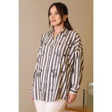 Nazen Giyim Çizgili Boncuk Işlemeli Gri Beyaz Kadın Gömlek  4107-2Y5