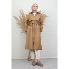 Sırt Detaylı Kapüşonlu Trenç Sütlükahve