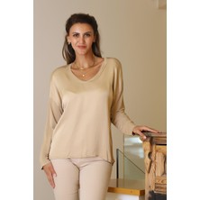 Nazen Giyim  V Yaka Uzun Kollu Camel Kadın Bluz  797303-2Y5