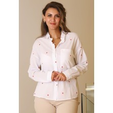 Nazen Giyim Uzun Kollu Kırmızı  Kalp Detaylı Kadın Gömlek 3039-2Y5