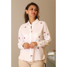 Nazen Giyim Kiraz Desenli Uzun Kollu Beyaz Kadın Gömlek  4445-2Y4