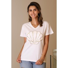 Nazen Giyim Midye Baskılı Kısa Kollu Beyaz Kadın T-Shirt  121-2Y5