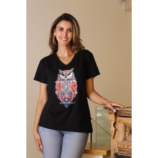 Nazen Giyim Baykuş Desenli Kısa Kollu Siyah  Kadın T-Shirt 84-2y5
