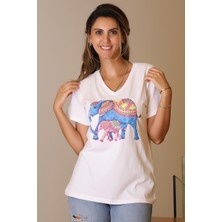 Nazen Giyim V Yaka Taşlı Fil Baskılı Beyaz Kadın T-Shirt  44-2y5