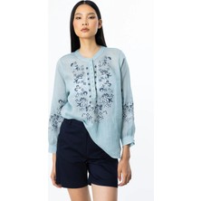 Nazen Giyim Yarım Düğmeli Işlemeli Mavi  Kadın Bluz 3940-2Y5