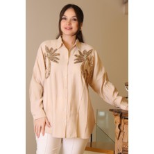 Nazen Giyim Uzun Kollu Boncuk Işlemeli Bej Kadın Gömlek  4470-2Y5