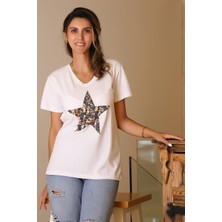 Nazen Giyim Yıldız Işlemeli Kısa Kollu Beyaz Kadın T-Shirt  135-2Y5