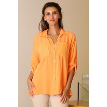 Nazen Giyim Cepleri Pul Işlemeli Oranj Kadın Gömlek  13-2y5