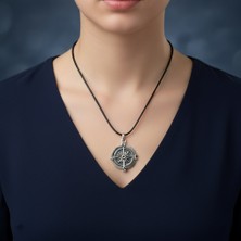 Alooya Pusula Gümüş Kaplama Deri İp Kolye