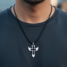 Alooya Kanatlı Haç Gümüş Kaplama Deri İp Kolye