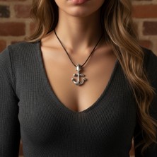 Alooya Kuru Kafa Deniz Çapa Gümüş Kaplama Deri İp Kolye