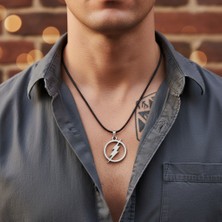 Alooya Şimşek - The Flash Gümüş Kaplama Deri İp Kolye