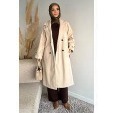 Julude Kendinden Desenli Bel Kuşaklı Tesettür Kaban P-00019458