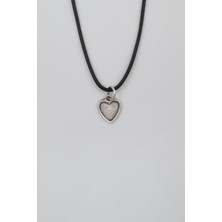 Alooya Minimalist Kalp Siyah Deri İp Kolye - Antik Gümüş Kaplama - Kadın Erkek - 60 cm