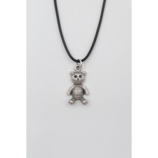 Alooya Oyuncak Ayı Siyah Deri İp Kolye - Antik Gümüş Kaplama - Kadın Erkek - 60 cm