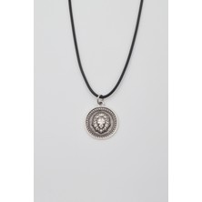 Alooya Aslan Madalyon Kolye - PU Deri İp Zincirli Unisex Gümüş Kaplama Kolye - 60 cm