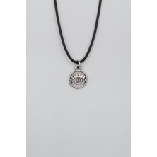 Alooya Minimalist Göz - Nazar Siyah Deri İp Kolye - Antik Gümüş Kaplama - Kadın Erkek - 60 cm