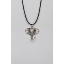 Alooya Fil Kafası KolyeSiyah Deri İp Kolye - Antik Gümüş Kaplama - Kadın Erkek - 60 cm