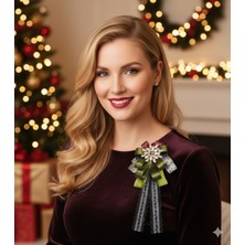 Pegu Yeni Yıl , Noel , Christmas ,Yeşil Saten Dantelli Broş