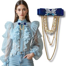 Pegu Lacivert Kadife Taşlı Zincirli Kristal Boncuklu Yaka Broş , Okul,İş,Ofis