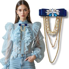 Pegu Lacivert Kadife Taşlı Zincirli Kristal Boncuklu Yaka Broş , Okul,İş,Ofis