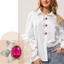 Pegu Kurdele Detaylı Pembe Oval Kristal Taş 1 Adet Trend Düğme Broş , Düğme Geçirme Aparatlı