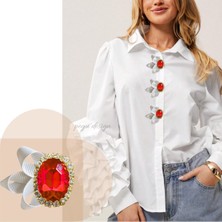 Pegu Adet Kurdelalı Kırmızı Oval Kristal Taşlı Trend Düğme Broş , Düğme Geçirme Aparatlı